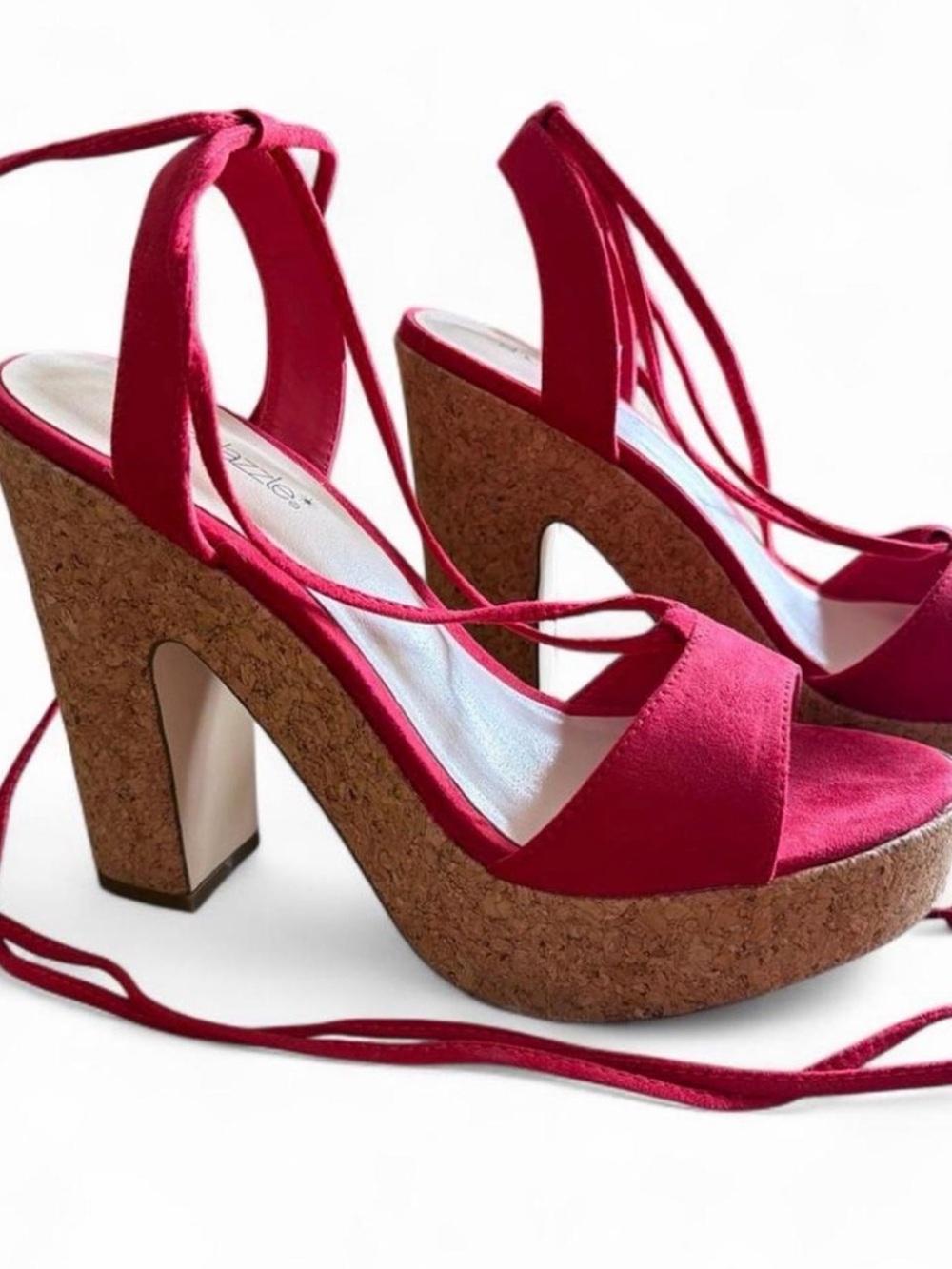 SHOEDAZZLE red suede ankle lace-up platform sandals with a 5” cork heel. Size 8.